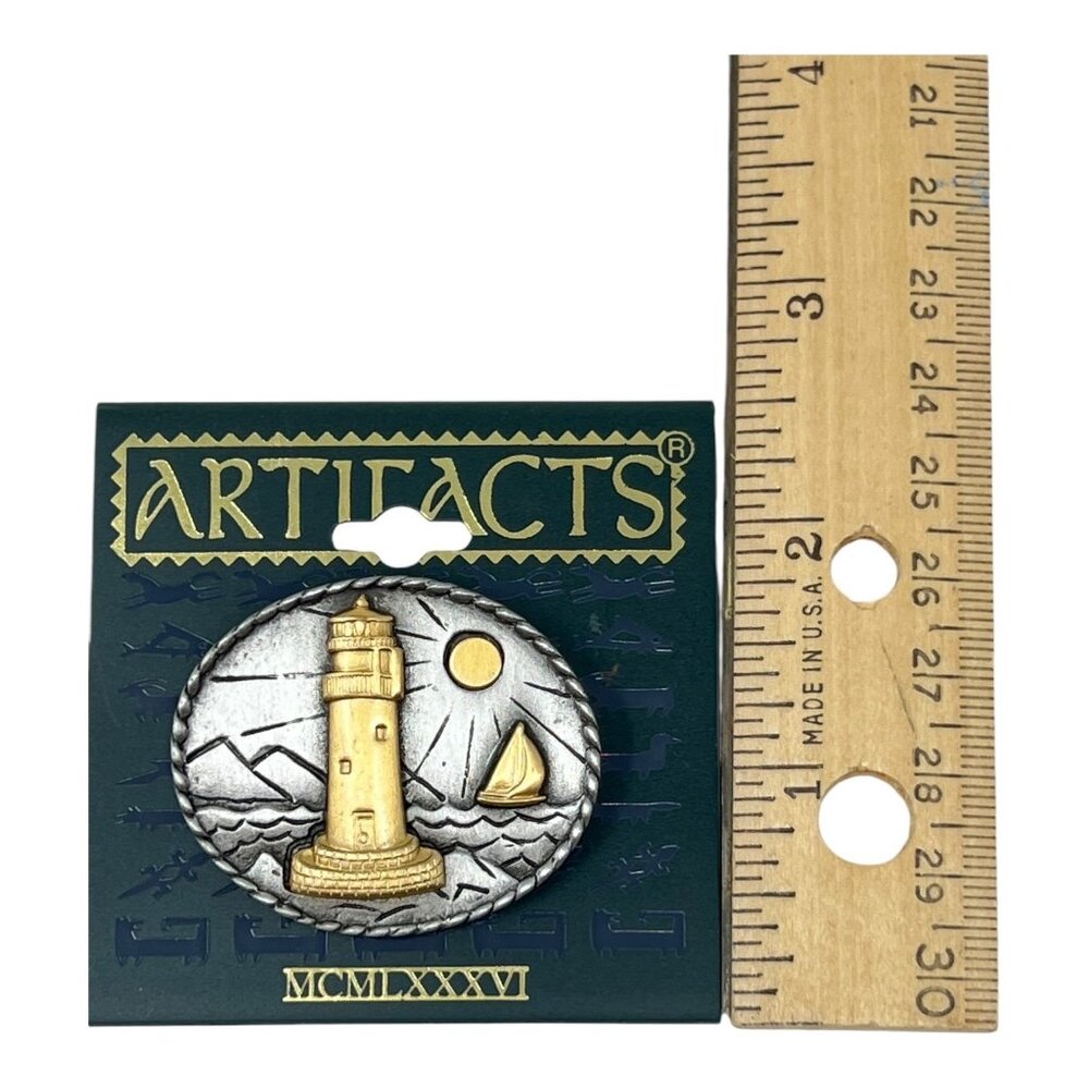 JJ Artifacts Lighthouse Sailboat Scene Brooch Pin 1986 Silver Gold Tone Vintage - Picture 6 of 6